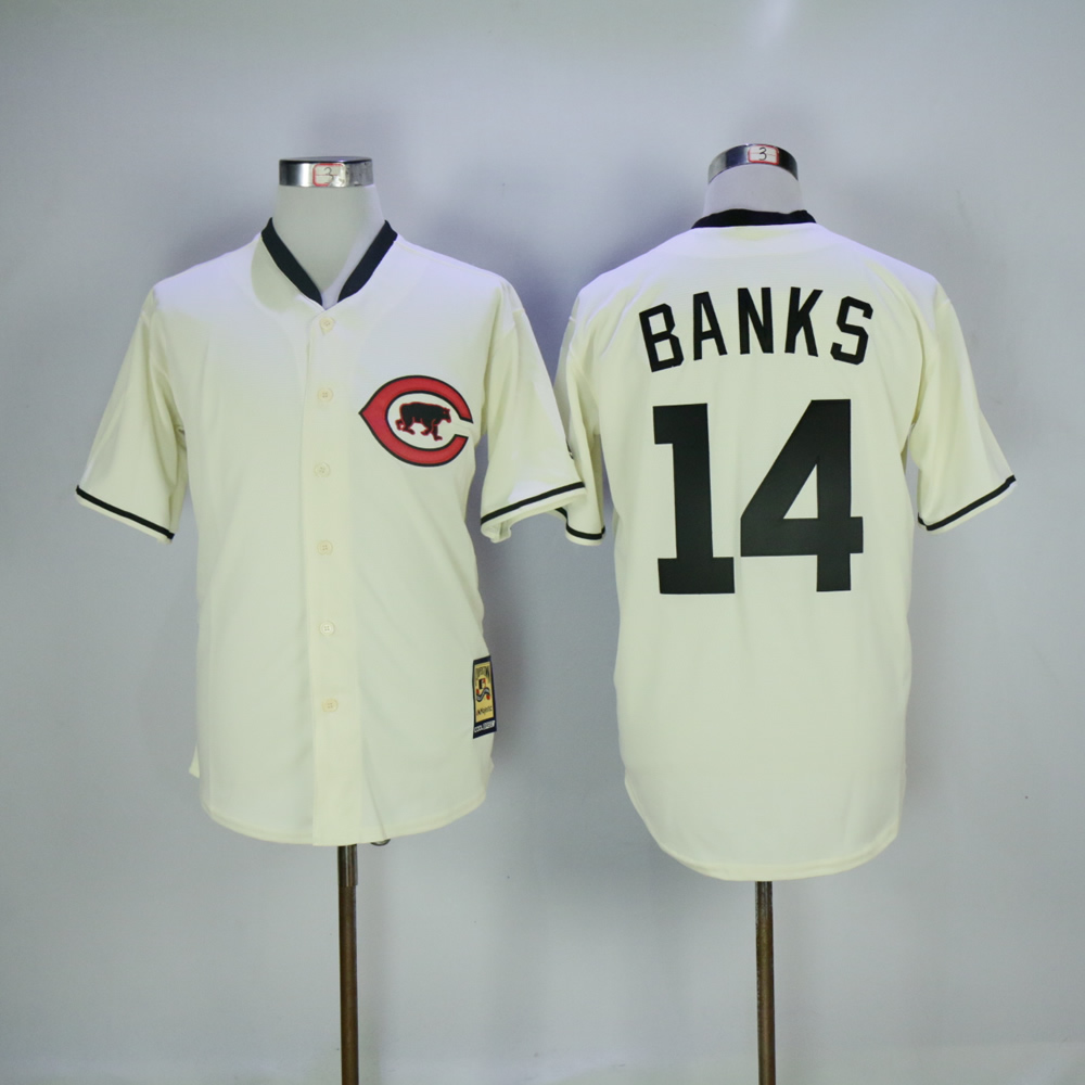 Men Chicago Cubs #14 Banks Cream Throwback MLB Jerseys